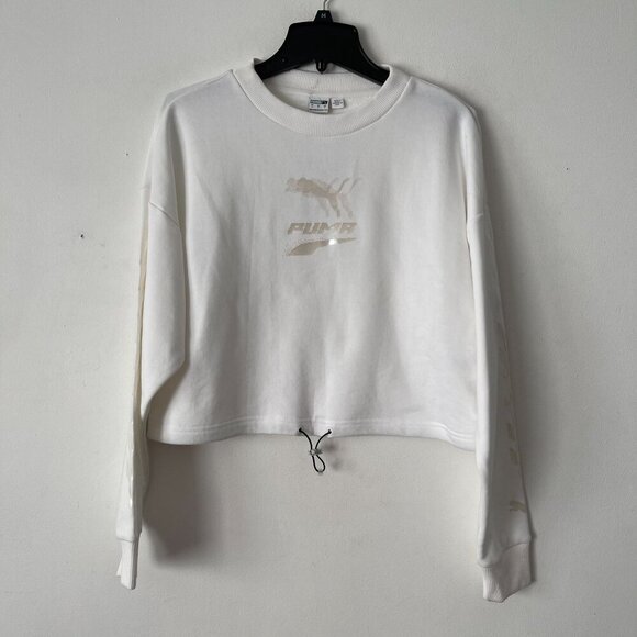 Puma Size S White Evide Crew Sweatshirt Drawstring Hem Relaxed Fit - Picture 8 of 8